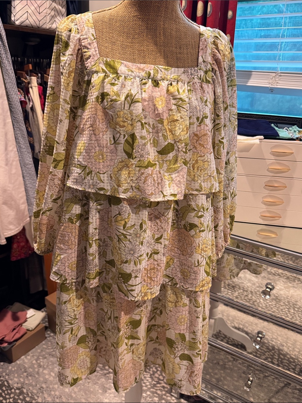 Who What Wear Floral Tiered Midi Skirt in Pale Pink and Olive Green